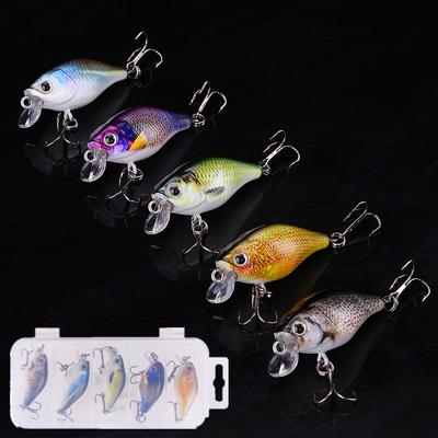 5pcs Crank Baits Topwater Hard Fishing Lure  for Trout Bass Perch with Box, Boat Ocean Lures Kit