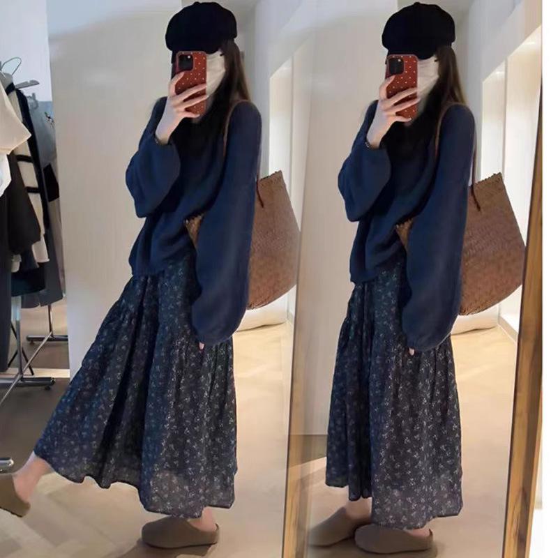 Elegant Autumn Maternity Set: Cozy Knit Sweater & Floral Skirt, Korean Style XL