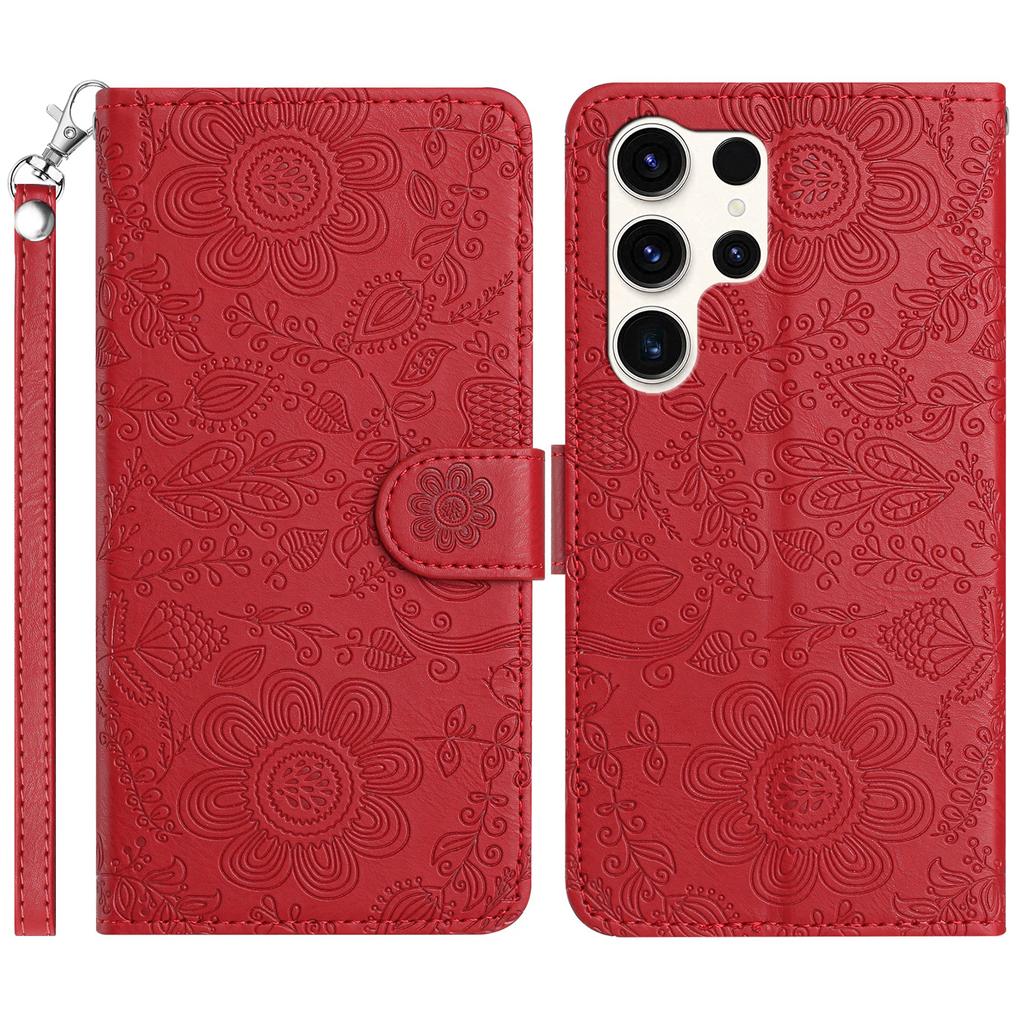 For Samsung Galaxy S25 Ultra Case Flower Imprint Leather Flip Wallet Phone Cover with Wrist Strap