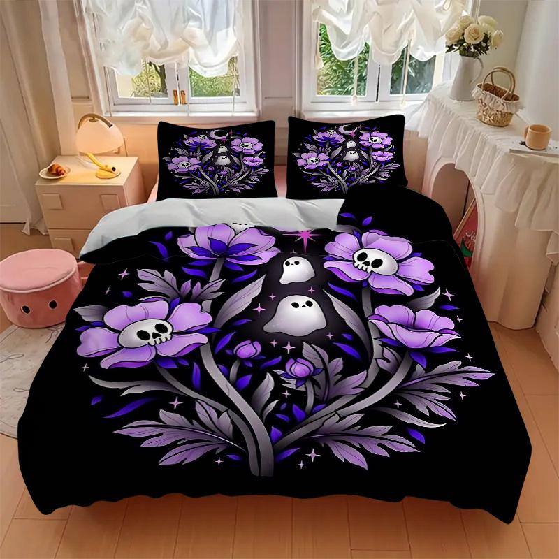 3pcs Skeleton Ghost Flower Printed Bedding Set, Soft and Comfortable Quilt Cover for Bedroom, Guest Room (1 Duvet Cover + 2 Pillowcases, Pil