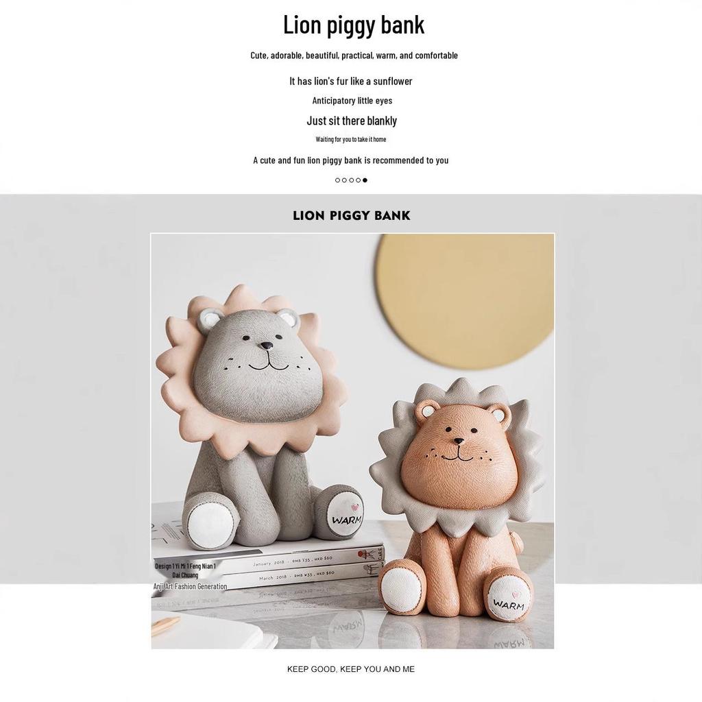 Large Nordic Lion Piggy Bank: Cute Decorative Coin Holder for Children's Room or Living Room