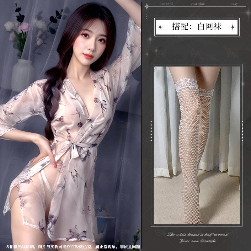 Sexy lingerie sexy butterfly print perspective lace-up deep V open kimono nightgown pajamas women