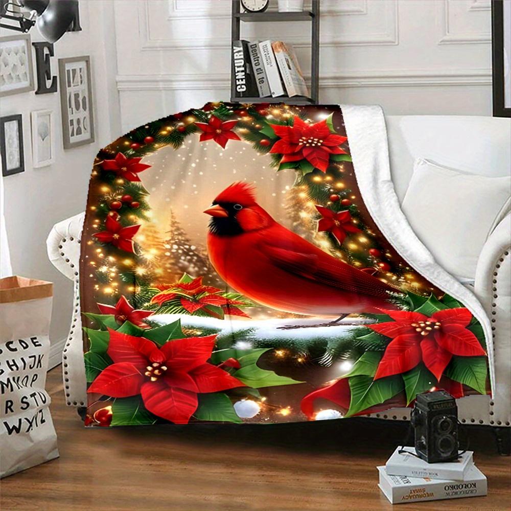 Gift Delight, Contemporary Reversible Flannel Throw Blanket, Cartoon Christmas Tree & Red Bird Print, All-Season Cozy Polyester