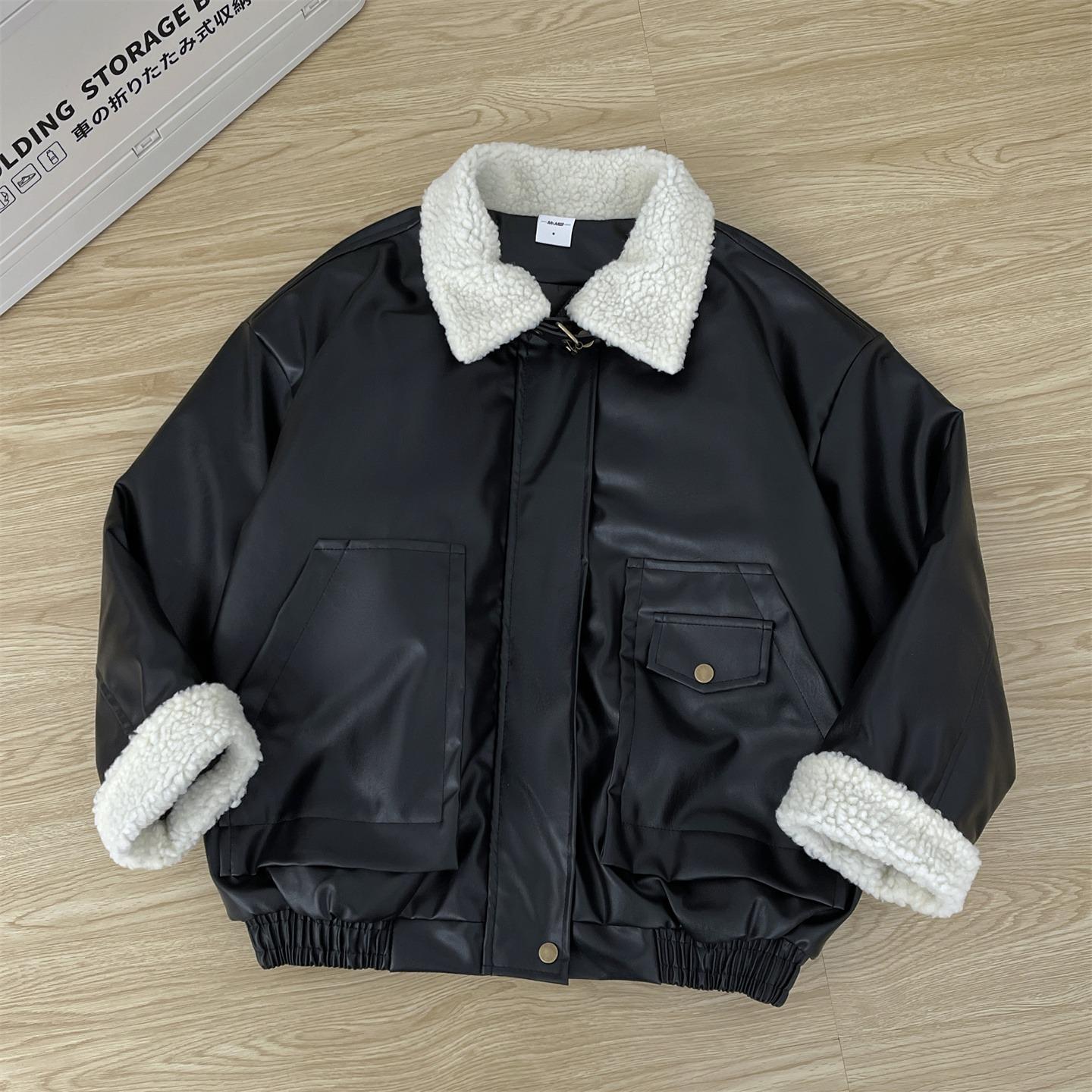 Унисекс Ретро Стеганая Кожаная Куртка с Лоскутным Узором из Овечьей Шерсти M