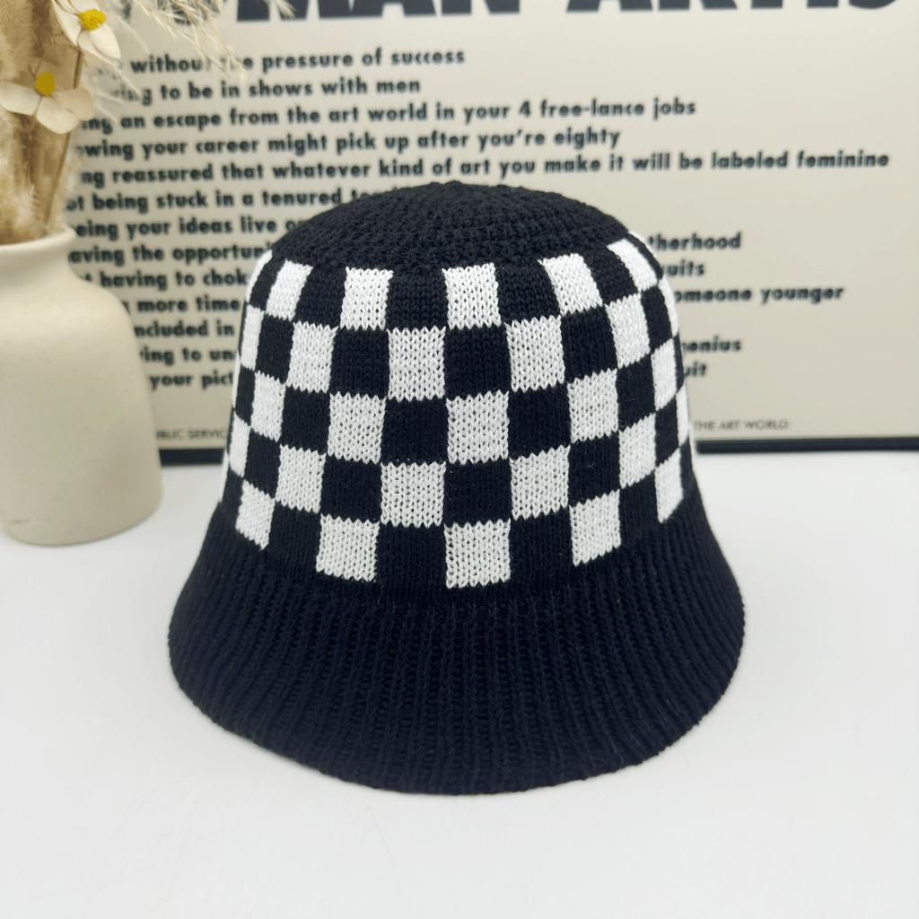 Black and white checkerboard wool hat women's spring and autumn versatile face small knitted bucket hat ins tide bucket hat