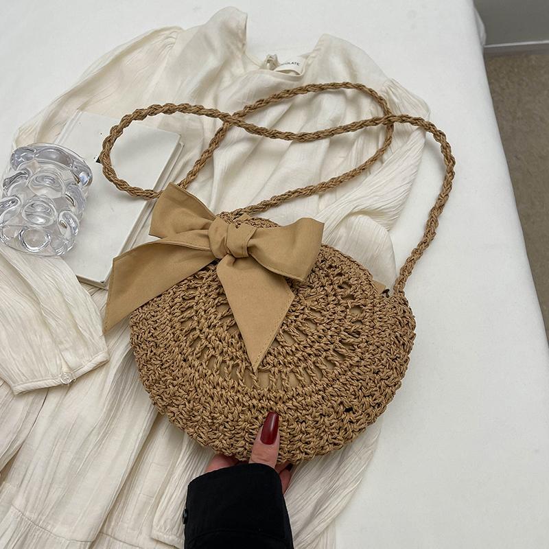

Летние маленькие соломенные сумки через плечо, пляжные сумки ручной работы, плетеная круглая сумка-тоут с бантом, клатч через плечо 26cm*5cm*26cm светло-коричневого
