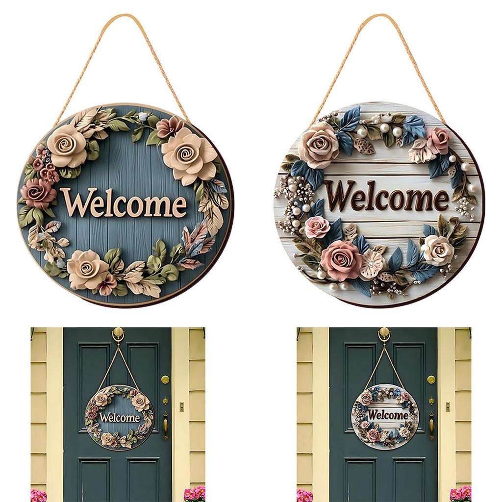 2Pcs Floral Welcome Signs Wood Plaque Outside Round Home Decor 20cm Fireplace Wooden Hanging Signs for Porch Garden Classroom