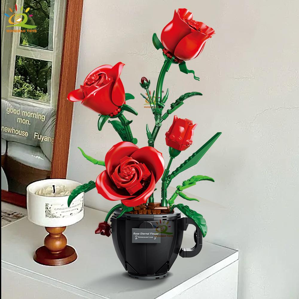 Flower Orchid Rose Daisy Coffee Cup Potted Building Blocks Bouquet MOC Bricks Toys DIY Home Desk Plant Decoration