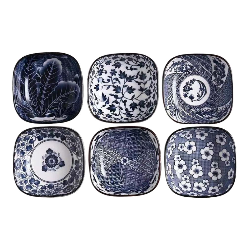 4/6pcs Ceramic Japanese Square Sauce Plates Blue and White Porcelain Sushi Platestomato Sauce and Mustard Container Bowls, Appet
