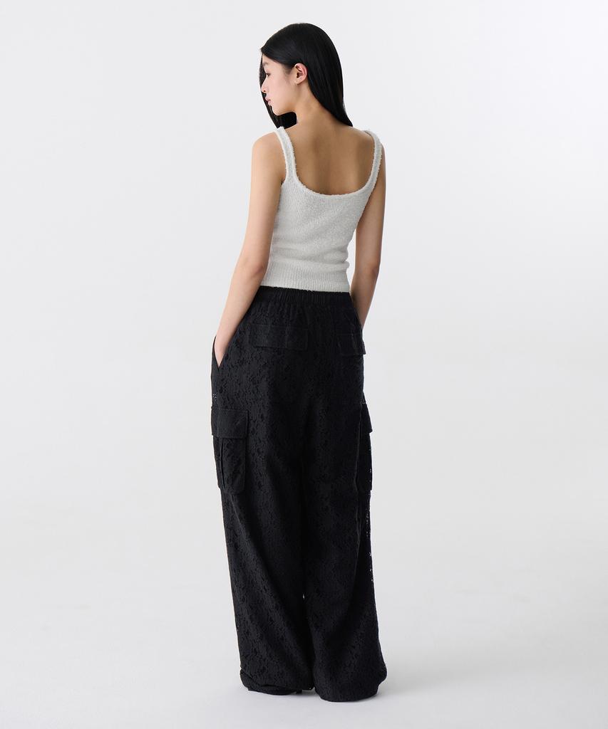 MUSINSA STANDARD WOMAN Women'S Floral Lace Wide Cargo Elastic Pants [Black]