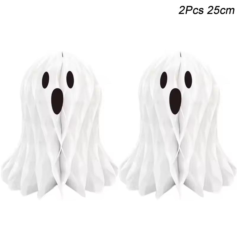 2 Stück Halloween Hängende Waben Weißer Geist 3D Papierlaterne Ornament für Halloween Party Haus Innen Außen Hof Dekoration