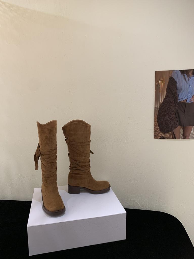 Herbst 2025 Retro Ödland Fransen Ritterstiefel Dicker Absatz aber knielange Stiefel Schlanker Schaft Mittelhohe Stiefel Damen