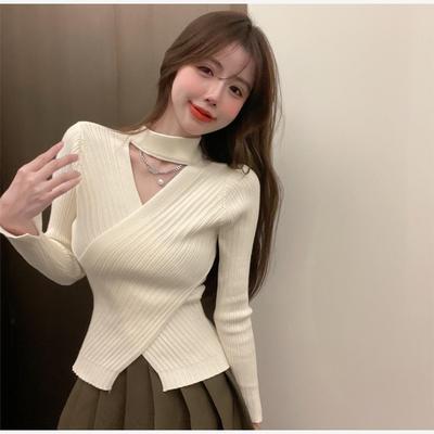 Sexy Cross-neck Sweater Women's Inner Fit Autumn and Winter Design Sense Niche Chic Top Long-sleeved Knitted Sweater Autumn