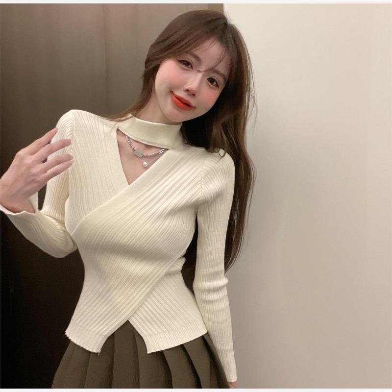 Cross-neck neck knitted sweater women's autumn and winter irregular unique chic top with sweater bottoming shirt