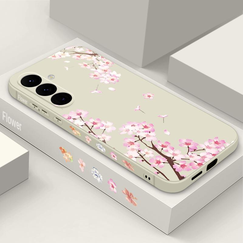 Peach Blossom Patterned Silicone Phone Case For Samsung Galaxy A17 A56 A36 A55 A16 A15 5G A35 A54 A26 A14 Soft TPU Lanyard Cover