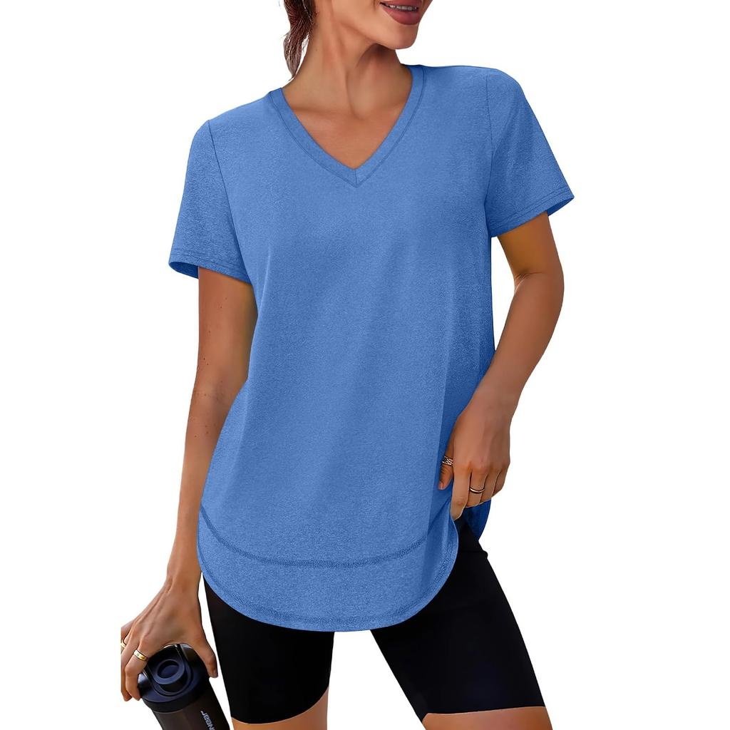 Women's Casual Loose-Fit Fashionable -Color Short-Sleeve V-Neck Pullover T-Shirt