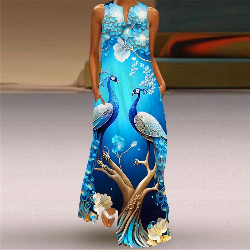 Plus Size Women's New Chinese Style 3D Peacock Dress Elegant All-Matching Sleeveless Vest Skirt Long Loose Floral Skirt