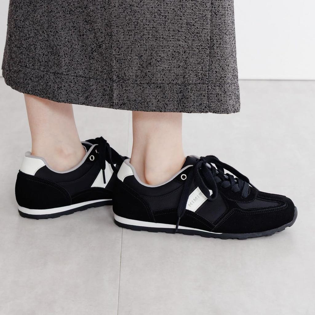 HIMIKO Flat Suede Combination Sneakers, Black, 657302, Comfortable Cushioned, 1.5cm Heel, Lace-Up, Black, Size 255
