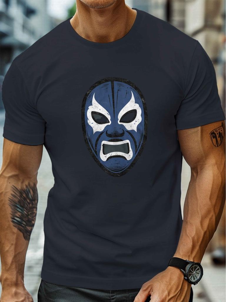 Luchador Mask Blue Print Mens Cotton Graphic Tee Crew Neck Short Sleeve Casual TShirt