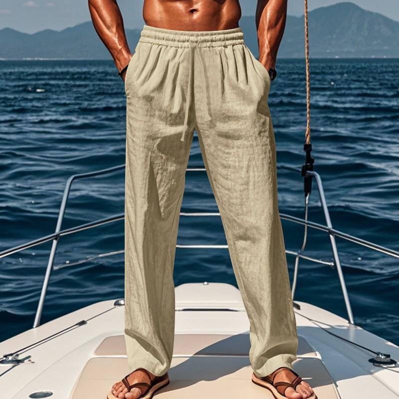 Mens Casual Linen Elastic Waist Drawstring Straight Long Pants