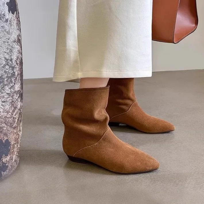 Fashion Pointed Toe Ankle Boots Women Flats Suede Shoes Woman Winter 2025 Fashion Goth Retro Gladiator Chelsea Snow Soft Botas De Mujer