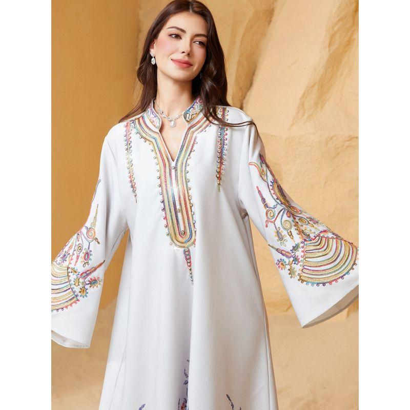 Cross-Border New Middle East Women Clothes Robe Rope Embroidery Dubai Travel Leisure White Plus Size Dresses Long Dress