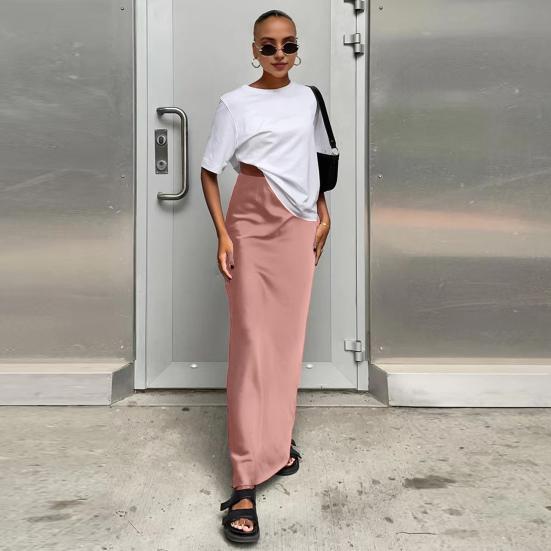Women High Waist Satin Mermaid Long Skirt Elegant Zipper Solid Color Slim