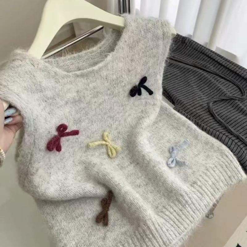 Autumn new large size vest women's crew neck bow design top