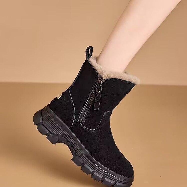 Leather snow boots women's new winter warm cotton boots Martin casual thickened velvet short boots non-slip cotton shoes