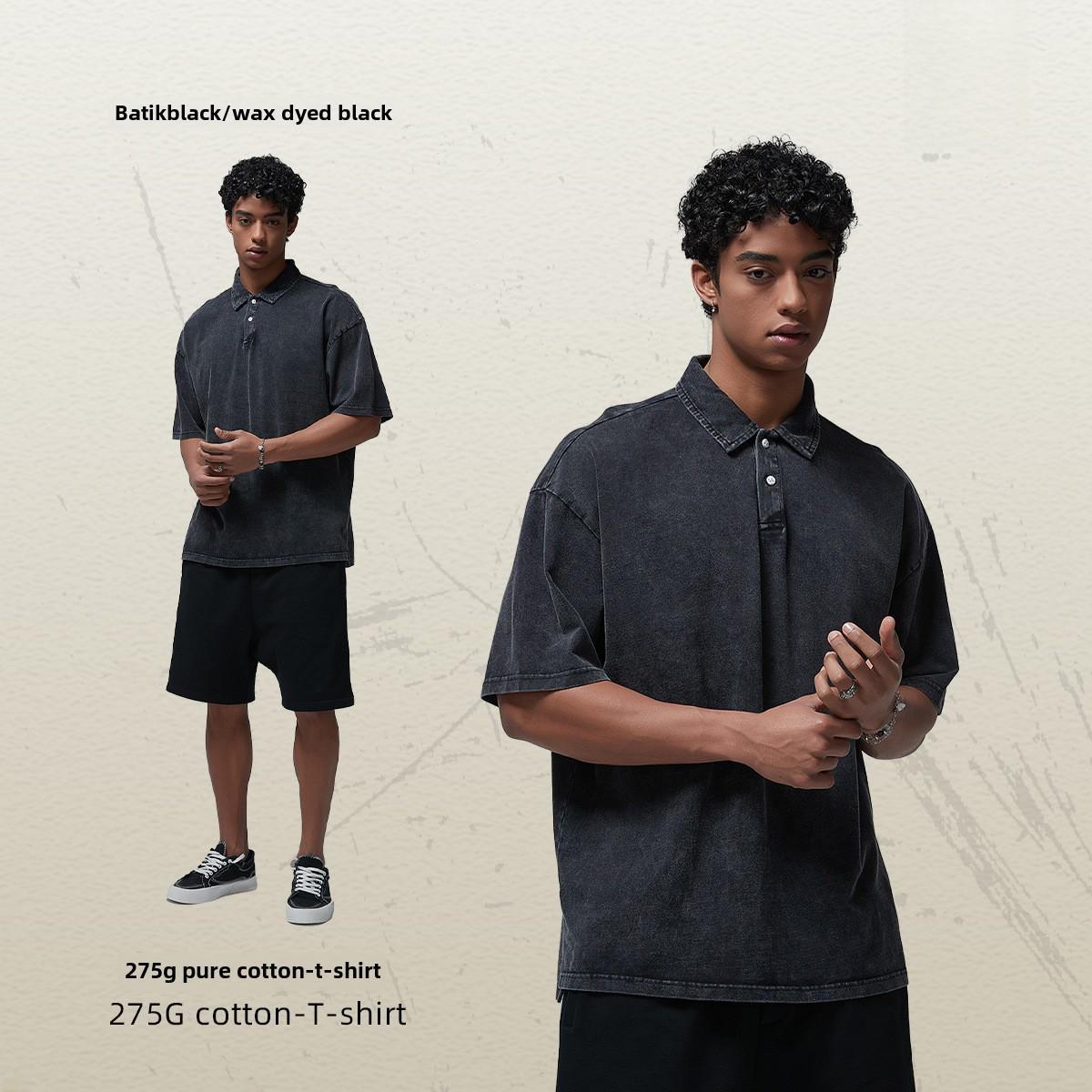 

ARTIE Мужская футболка Tide Brand с коротким рукавом и лацканами: Батик из чистого хлопка, состаренная стирка, двойная пряжа, дизайн с разрезом на пуговицах. M чёрный