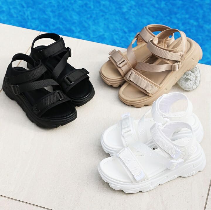 Vivian Sports Sandals with and Thick Size M Women's Straps, Velcro, Soles, V45510SM, Beige, (23.0-23.5)