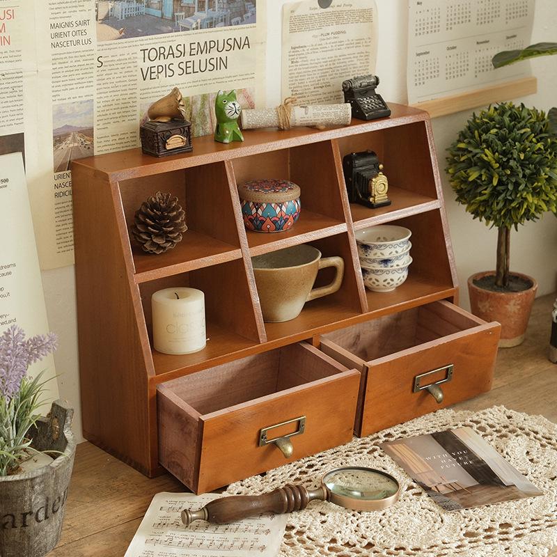 Retro Dorm Desktop Storage Box: Wooden Multifunctional Lipstick & Journal Organizer with Drawer.