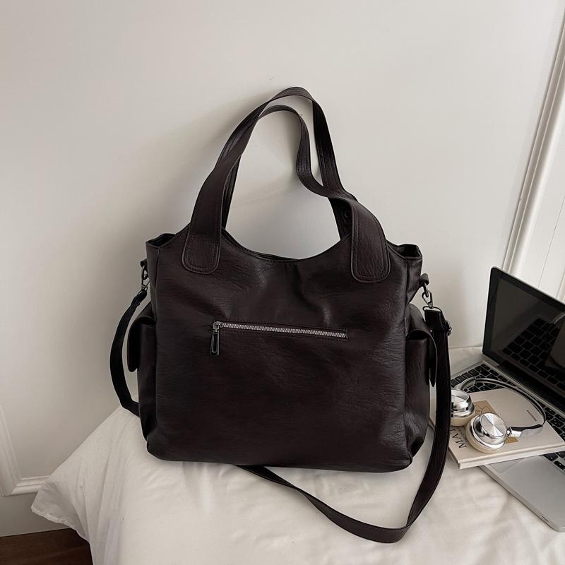 Faux Leather Tote Bag with Dual Zipper Pockets Adjustable Shoulder Strap Women's Everyday Fashion Handbag