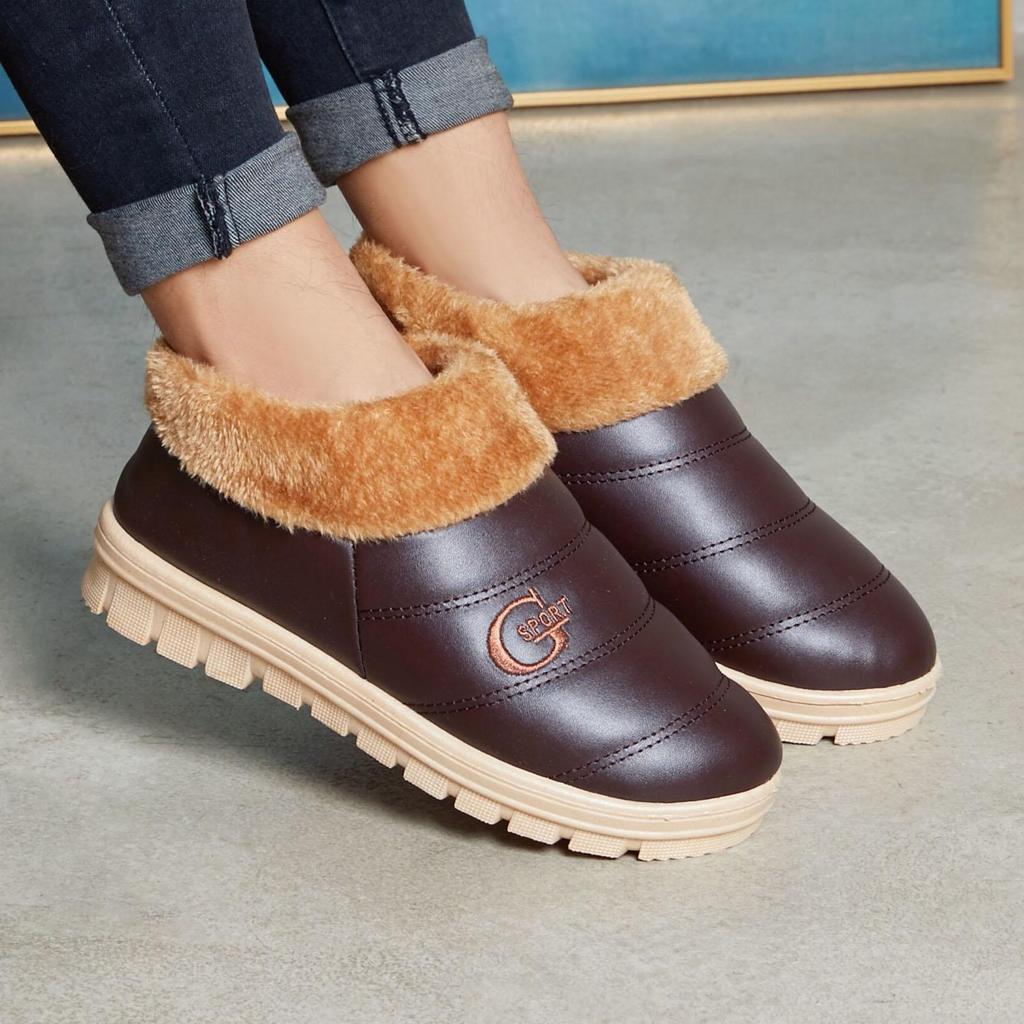 Women's Winter Waterproof Cotton Slippers Warm Thick Sole Indoor Leather Home Cotton Shoes