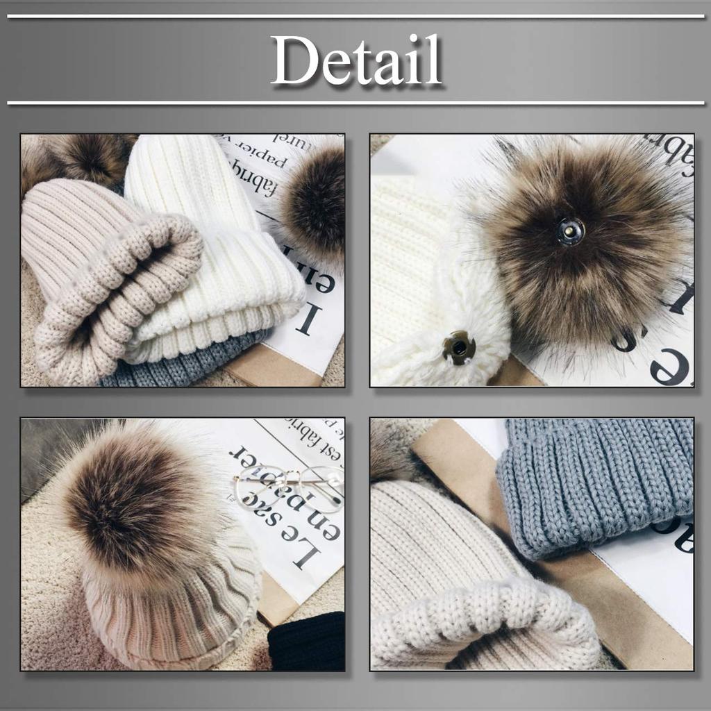 BUZZxSELECTION Women's Knit Hat with Fur Trim, Pom-pom Detail, Winter Warmth, CAP113 (01 Black)
