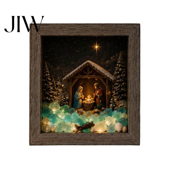 Winter Birthday Present Christmas Snowy Night Light Picture Frame, Vintage Wooden Frame 3D Mini Retro Wood Photo Landscape Lamp, Desktop Atmosphere