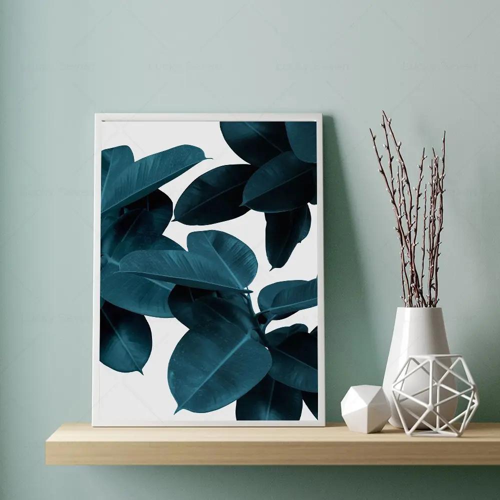 Tropical Plant Leaves Wall Art Canvas Painting Pink Flower Blue Abstract Nordic Posters and Prints Picture for Living Room Decor