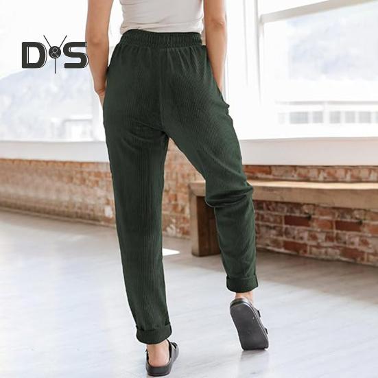 Women Corduroy Pants High Waist Baggy Drawstring Elastic Waist Casual Trousers Loose Fit Straight Leg Pockets Work Pants