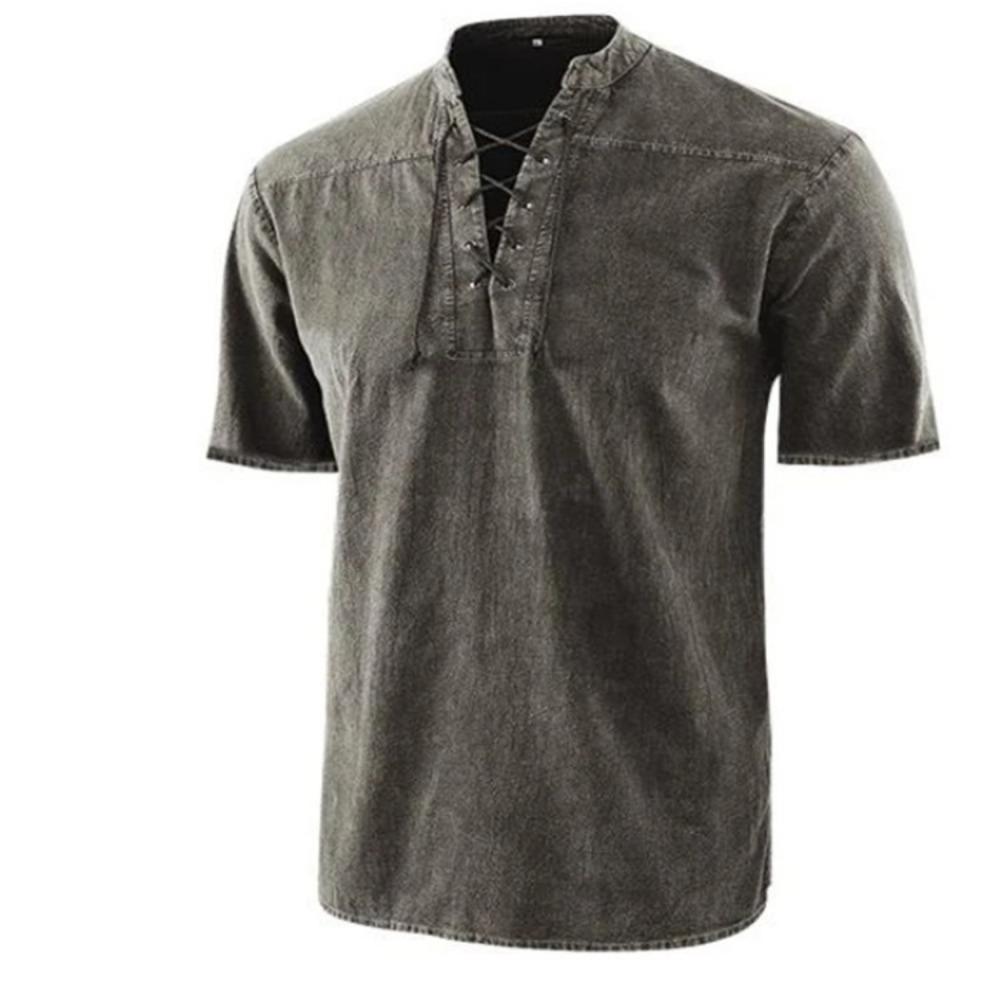 

2026 Men s Summer Solid Color Retro Lace-up Standing Collar Loose Casual Short Sleeve Shirt 5XL темно-синього кольору