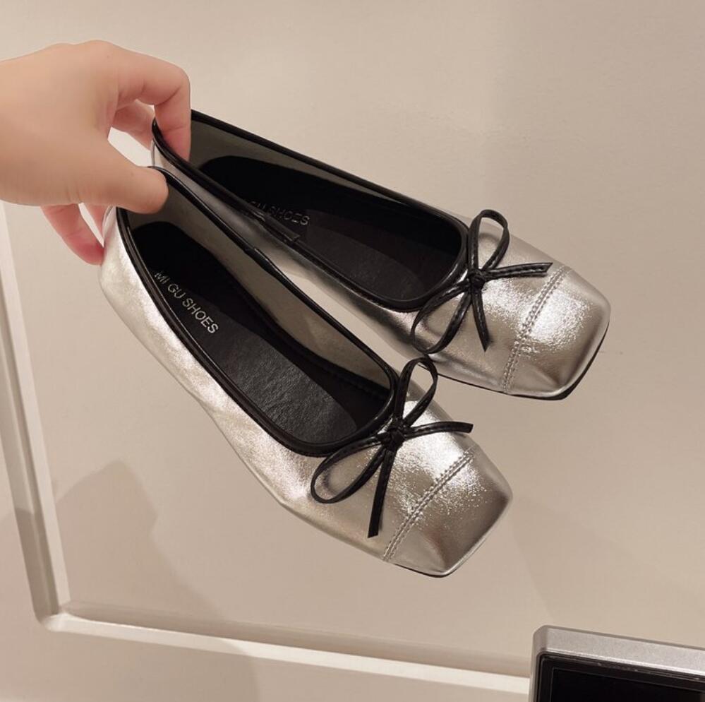Elegant Silver Bowknot Ballerina Women's Square Head Flat Shoes Comfort Slip-On Ladies Loafers Soft-soled Ballet Flats Boat Shoe