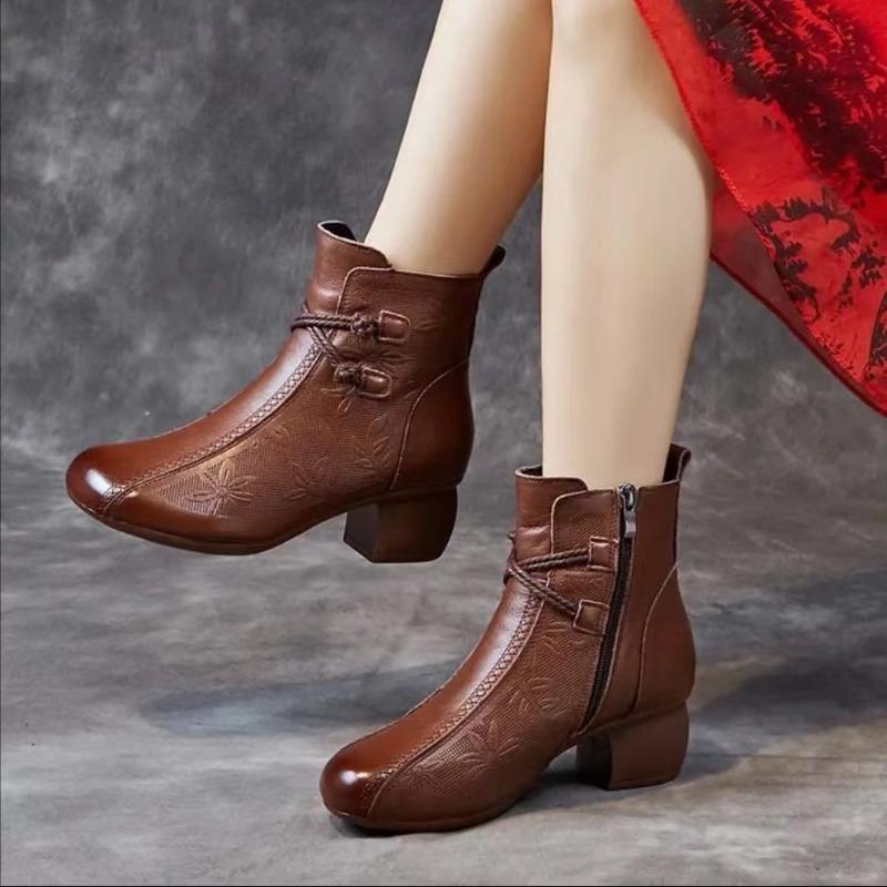 Nationale Wind Korte Laarzen Herfst/winter Nieuwe Bedrukte Moederschoenen Vintage Mode Ronde Neus Dikke Hak Katoenen Laarzen