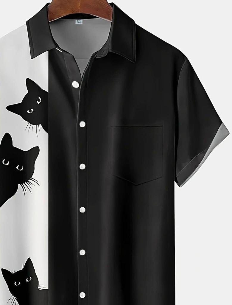 Aspersio Short Sleeve Cat Print Collared Retro Patterned and Flashy Top for Street Cat Print Summer Wear Shirt, Unique, Fun, Men, Cool, Colorful,