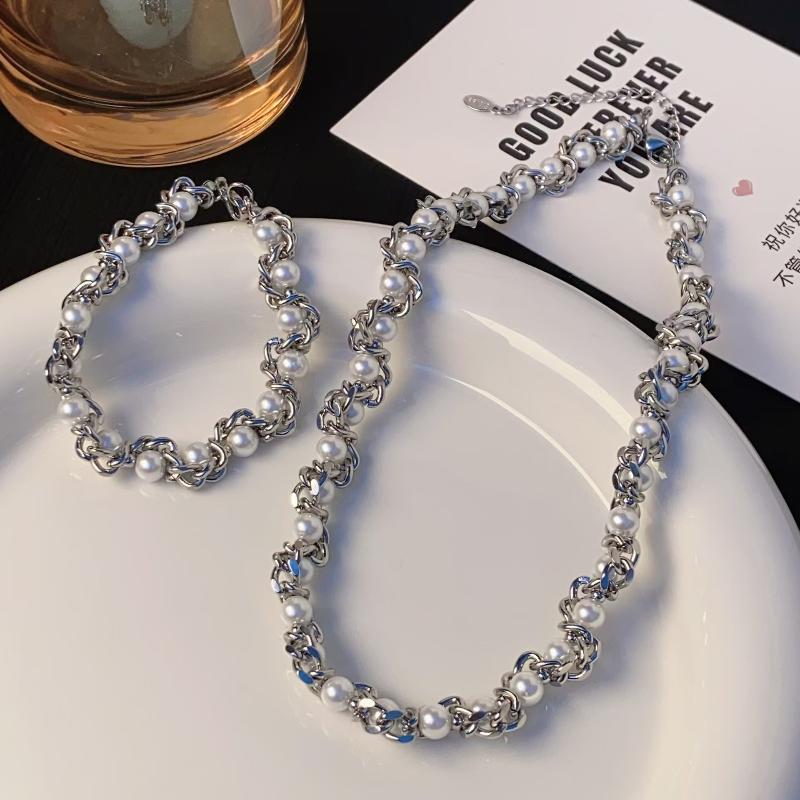 Punk Imitation Pearl Alloy Thick Chain Necklace Hip Hop Party Casual Business Jewelry Accessories Gift