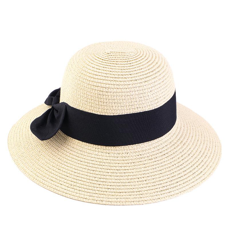 Women's summer sun-protective straw hat, beach grass pot hat, straw woven black bow, bucket hat factory JDPM-D