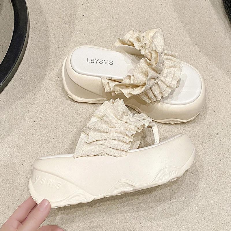 Fashion 8CM Women's High Heels Slippers 2025 New Summer Outdoor Fold Flower Sandals Comfortable Rubber Bottom Chunky Beach Flip Flops