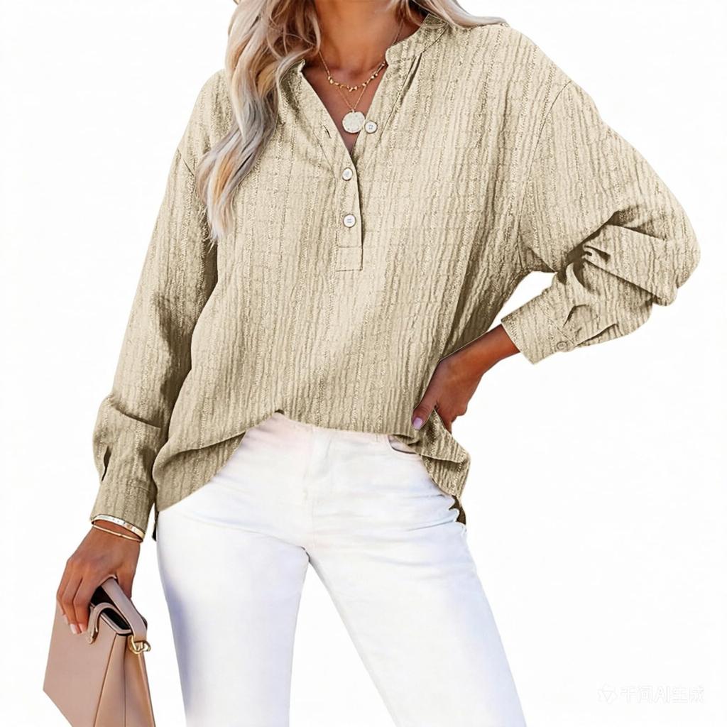 Women Long Sleeve V Neck Button Front Loose Fit Blouse Textured Fabric Casual Office Shirt