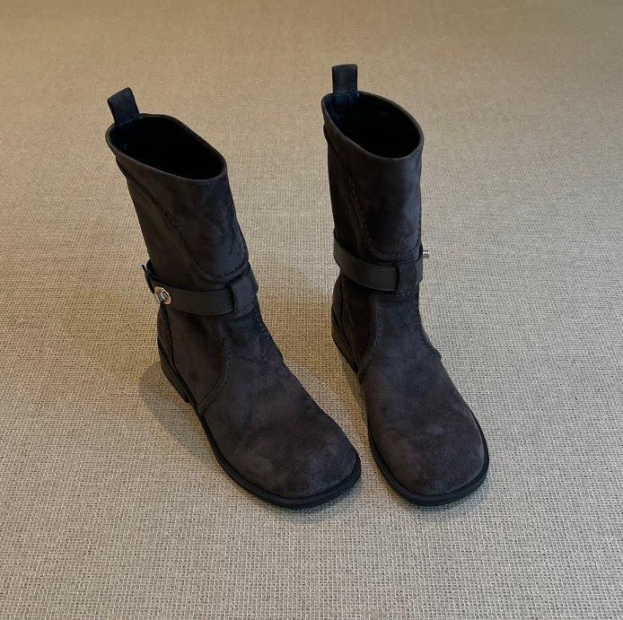 Soft leather texture apricot gentle solid color belt buckle medium tube Martin boots women's versatile suede round head low heel fashion boots