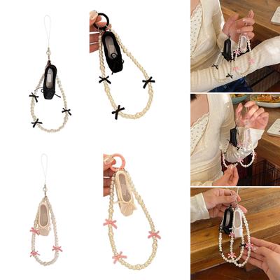 Ballet Shoes Charm Keychain Pendant Sweet Cute Bowknot Pearl Beaded Phone Chain Hanging Ornament Keyring Backpack Decors
