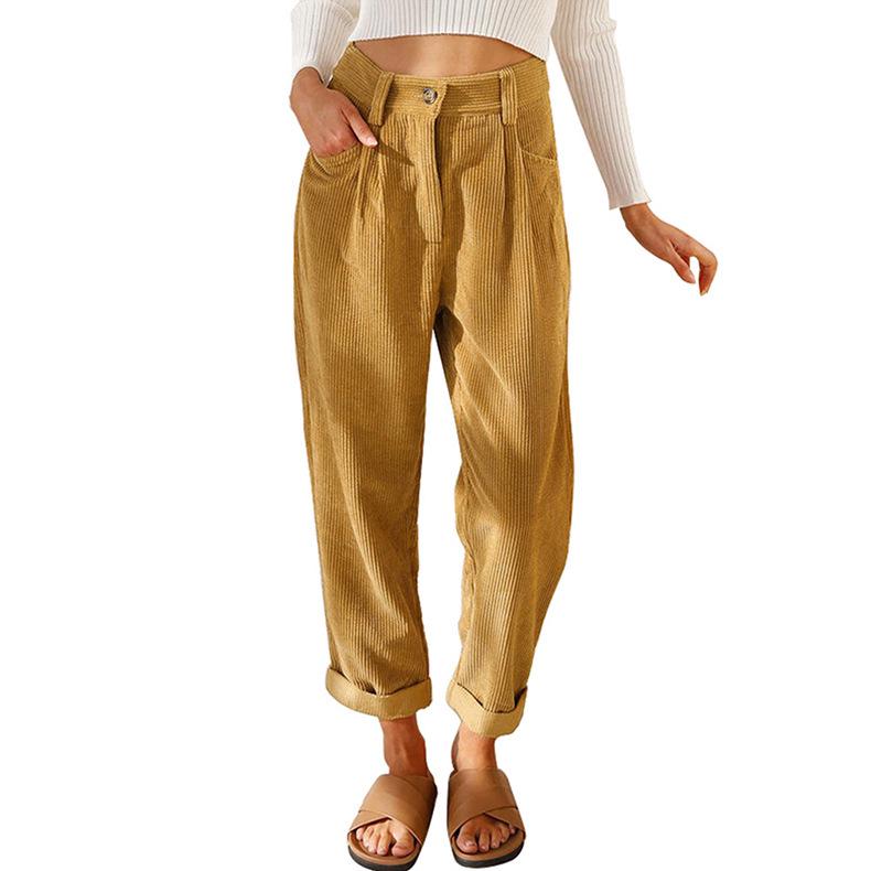 2025 Autumn Women's High Waist Corduroy Pants - Solid Color, Loose Straight Leg