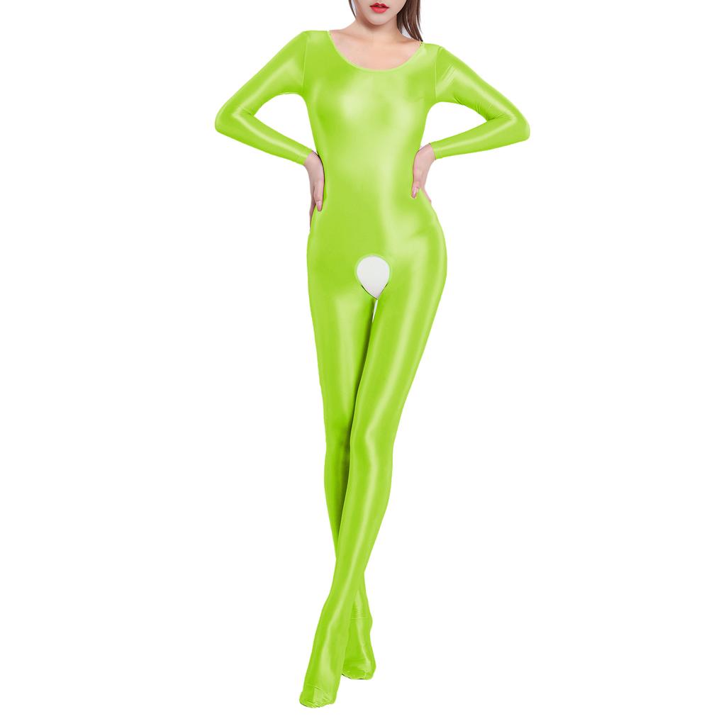 Womens Glossy Smooth Full Body Jumpsuit Long Sleeve Stretchy Bodysuit